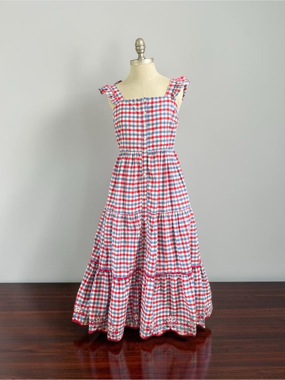 C&C California Red and Blue Gingham Tiered Maxi Dress with Ruffle Straps